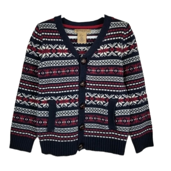 British Khaki Fair Isle Cardigan Sweater Button Pockets Red White Blue Unisex 4 - Picture 1 of 8